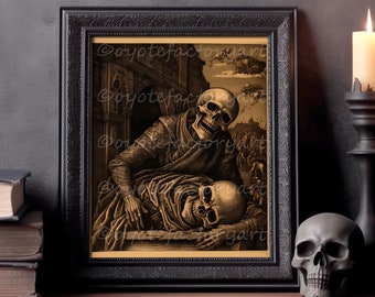 Medieval Skeleton Love Woodcut Poster Print or Canvas, Occult Macabre Illustration, Gothic Vintage Spooky Gothic Art