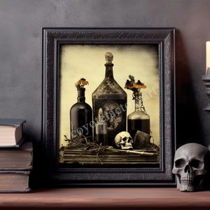 Old Occult Witchy Potion Bottles Print, Vintage Dark Academia Home Decor, Halloween Gift, Macabre Poster or Canvas, Gothic Witchcraft Art