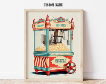 Personalized Retro Popcorn Machine Print, Home Theater Decor, Custom Name