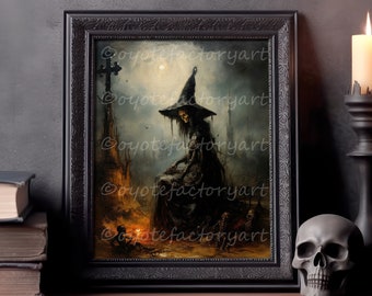 Gothic Witch Painting Poster Print or Canvas, Macabre Dark Academia Home Decor, Halloween Goth Witchcraft Victorian Art