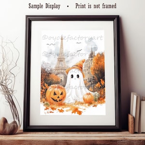 Halloween Ghost in Paris Eiffel Tower Poster Print or Canvas, French Fall Pumpkin Decor, Cottage Gift Wall Art, Cute Ghost Illustration