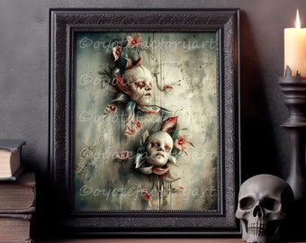 Creepy Face and Flowers, Weird Spooky Gothic Surreal Decor, Scary Poster Print or Canvas, Disturbing Macabre Art, Horror Dark Romantic Art