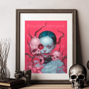 Pink Gothic Horror Girl Portrait – Surreal Creepy Skull Demon Art, Macabre Print or Canvas for Dark & Bizarre Decor