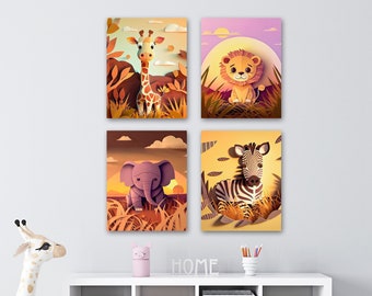 Safari Animal Print Set, 4 Nursery Decor Prints, AI Generated Art, Wild Animal Art, Kids Safari Decor, Lion Zebra Elephant Giraffe Wall Art