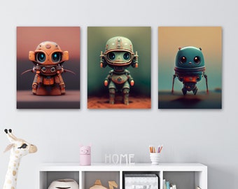 May include: Three colorful robot illustrations in a children's room setting. The robots are in different poses and have unique designs. The illustrations are framed and hung on a white wall above a white bookshelf with various items on the shelves. The text "HOME" is visible on the shelf.