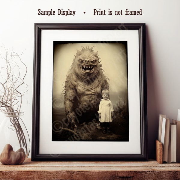 Odd Child and Creepy Monster, Vintage Weird Creature, Retro Disturbing Spooky Poster Print or Canvas, Bizarre Quirky Art