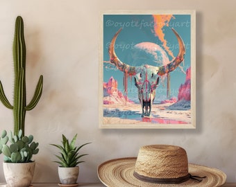 Surreal Texas Longhorn Skull Illustration Poster Print or Canvas, Psychedelic Desert Landscape, Retro Pop Western Decor, Southwestern Art