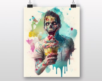 Funny Zombie Ice Cream Art, Creepy Horror Print or Canvas