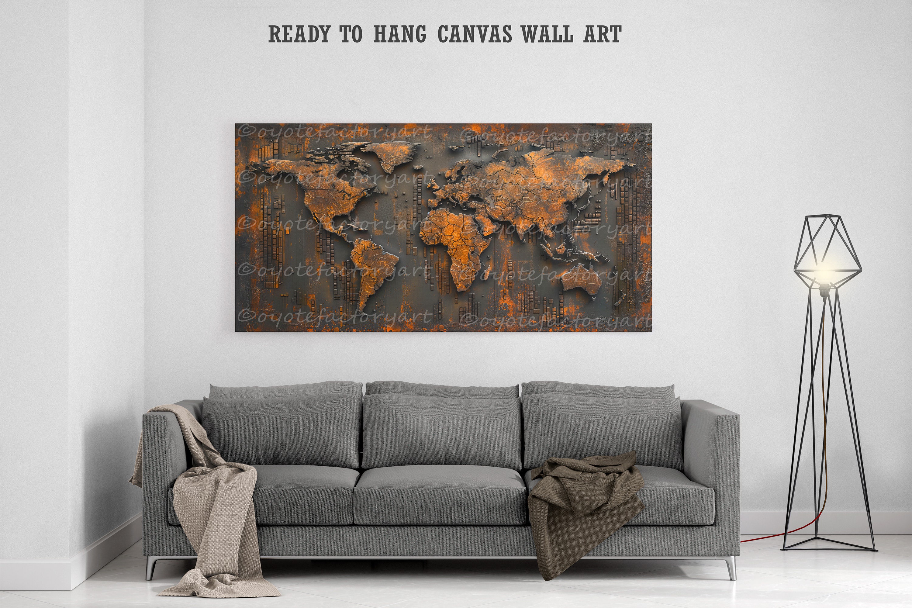 Large Map Art, Industrial World Map Canvas Ready to Hang Wall Art, Grey ...