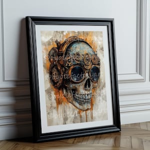 Steampunk Skull Illustration Poster Print or Canvas, Industrial Gothic Home Decor, Macabre Dark Wall Art, Skeleton Artwork