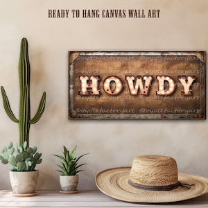 Howdy Typography Art, Industrial Canvas Ready to Hang, Western Rustic Home Decor, Living Room Decor, Southwestern Wall Art, Farmhouse Decor
