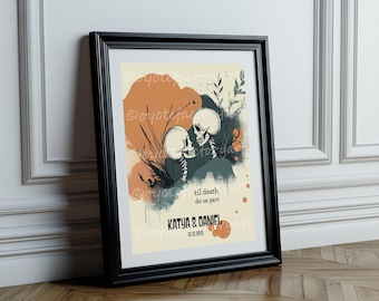 Personalized Til Death Do Us Part, Bride and Groom Skeleton Illustration Poster Print or Canvas, Retro Gothic Wedding Decor, Names and Date
