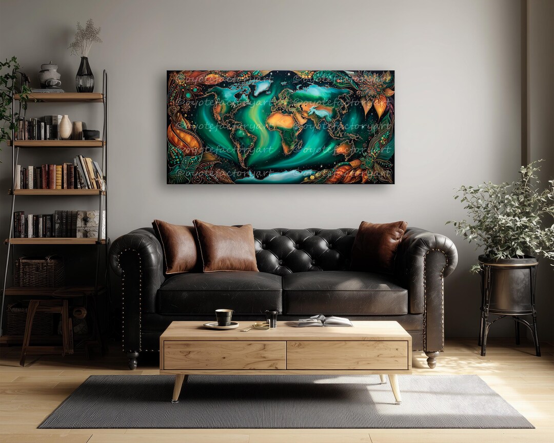 Abstract Floral World Map Canvas Wall Art, Colorful Illustration ...