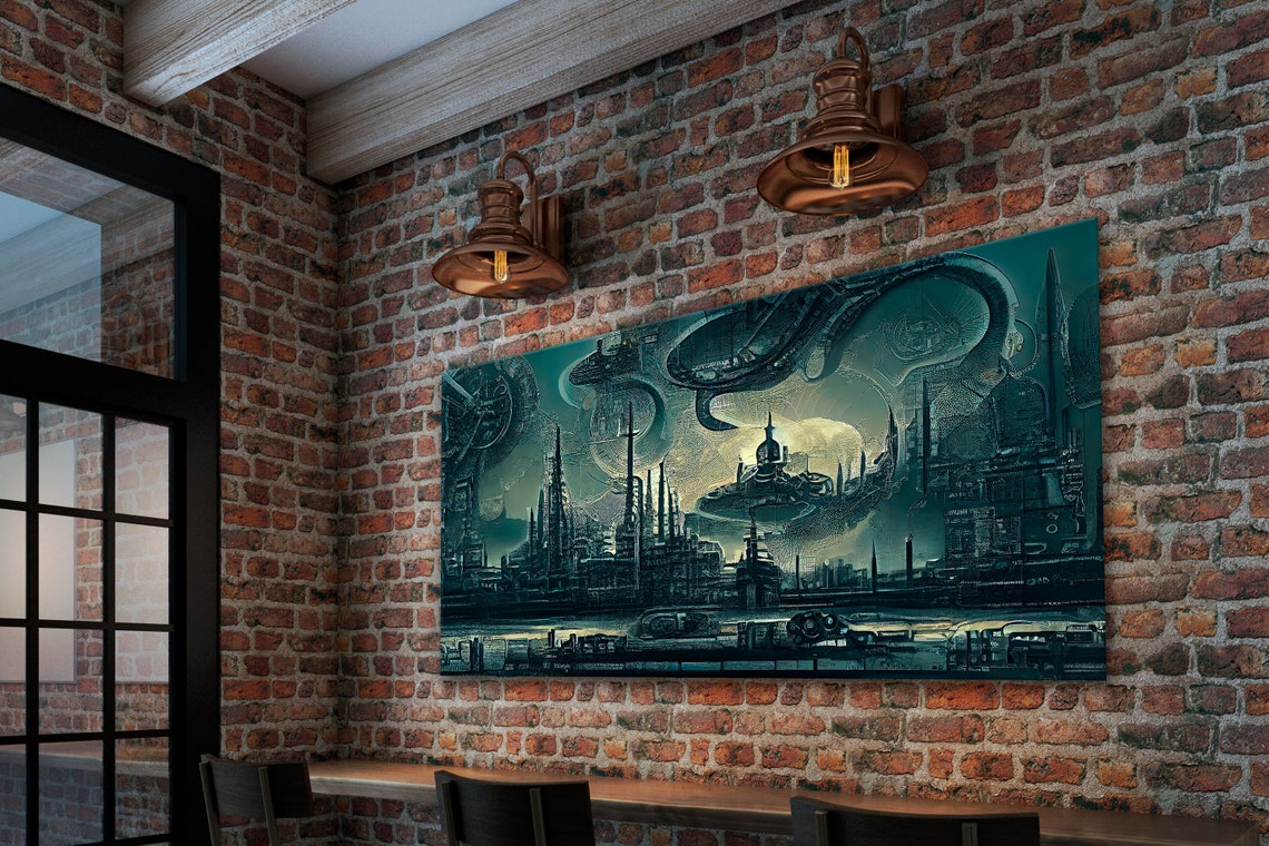 Futuristic City Art Dark Teal Wall Art AI Created Art Etsy