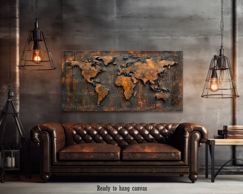 Large Map Art, Industrial World Map Canvas Ready to Hang Wall Art, Grey ...