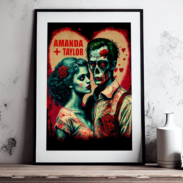 Personalized Names Zombie Wedding Couple Gift, Custom Horror Valentine's Day Print or Canvas Illustration, Alternative Engagement Love