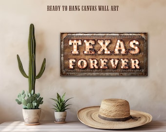 Texas Forever Typography Art, Industrial Canvas Ready to Hang, Western Rustic Home Decor, Southwestern Wall Art, Farmhouse Decor