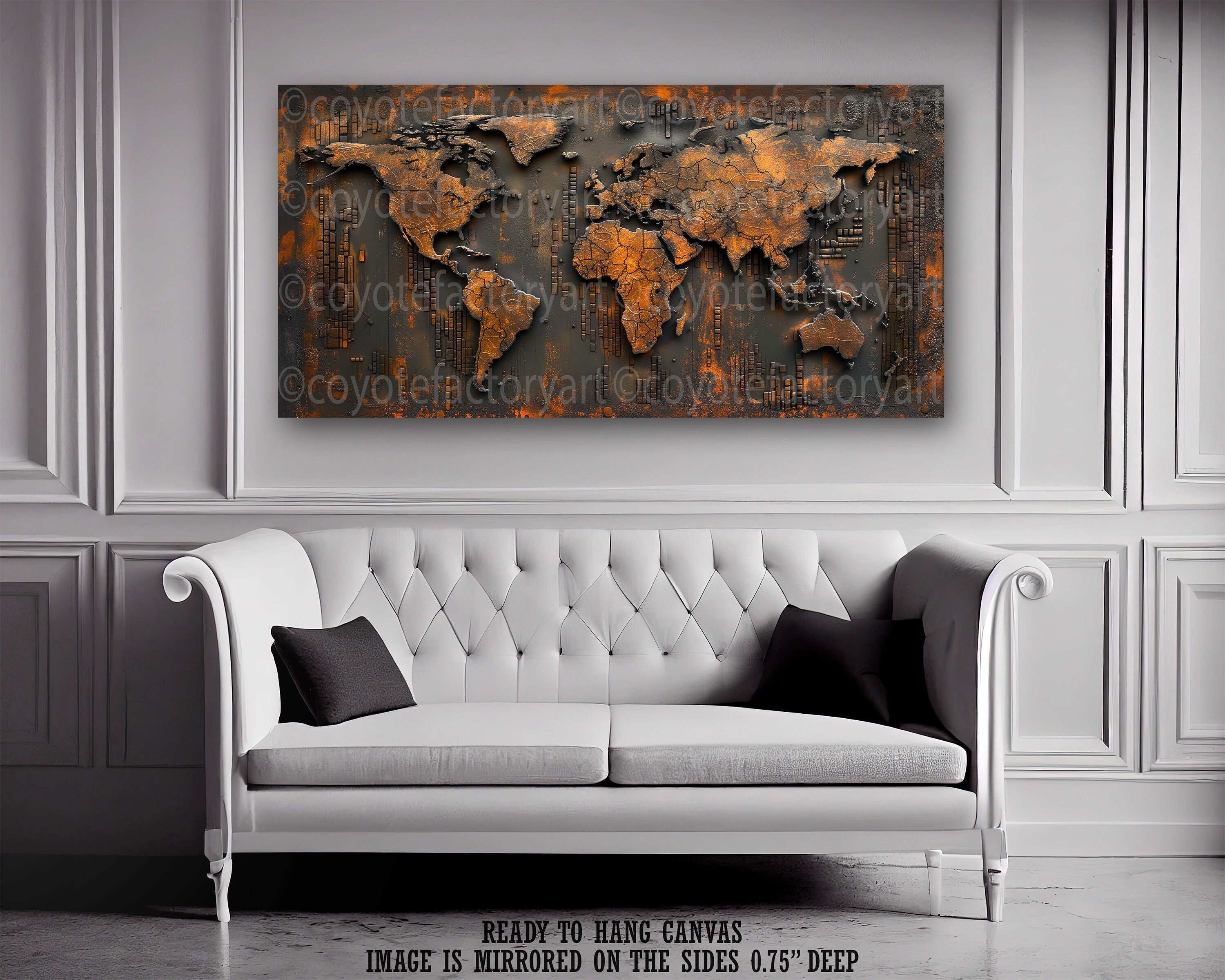 Large Map Art, Industrial World Map Canvas Ready to Hang Wall Art, Grey ...