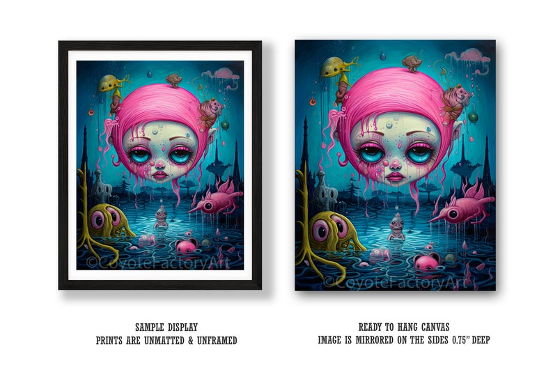 Pu&ograve; includere: Una stampa artistica surreale raffigurante una figura con grandi occhi con capelli rosa e carnagione pallida, su uno sfondo blu scuro. L'opera d'arte include creature stravaganti e un paesaggio acquatico, con il testo "CoyoteFactoryArt" in basso.