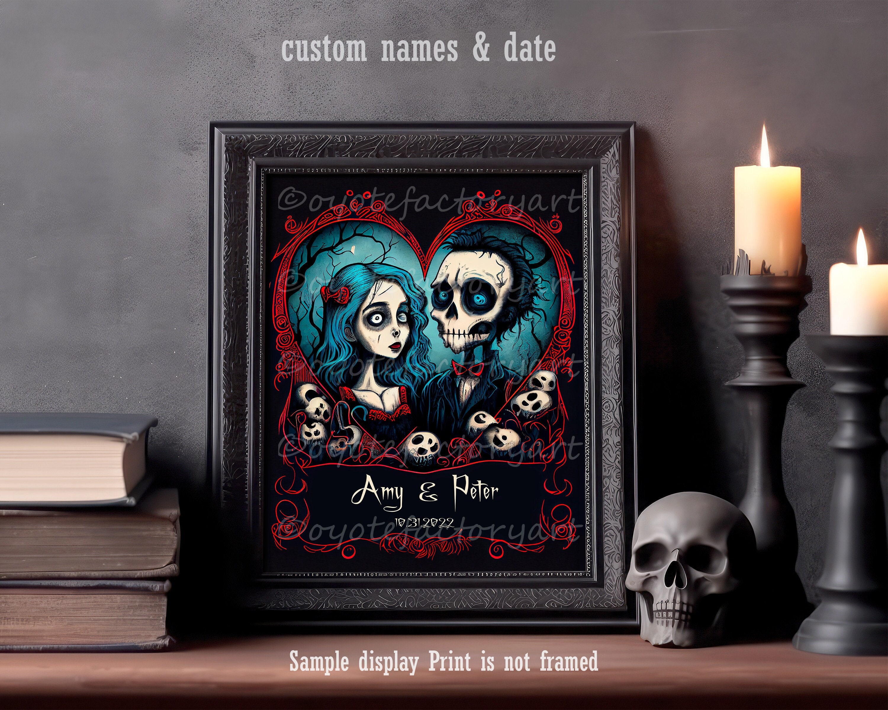 Personalized Gothic Wedding Names Date Gift Illustration, Anniversary Poster Print or Canvas, Zombie Skull Decor, Macabre Valentine's Day