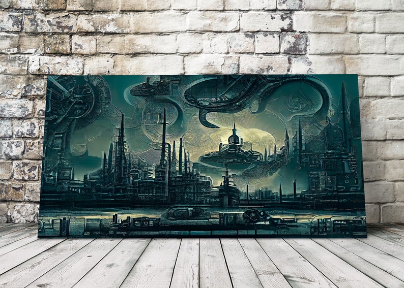 Futuristic City Art, Dark Teal Wall Art, AI Created Art, Dystopian Wall