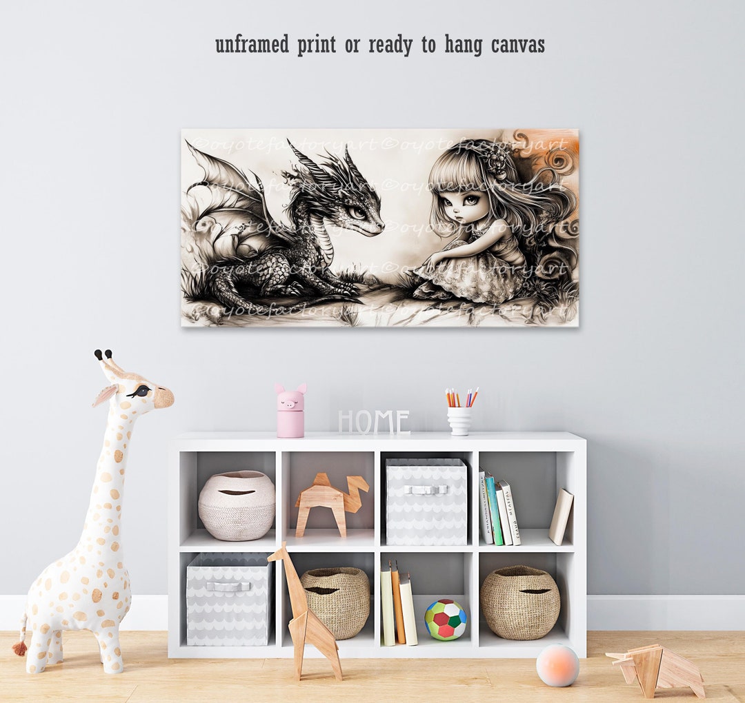 Girl and Dragon Fantasy Nursery Wall Art | Poster Print or Canvas ...