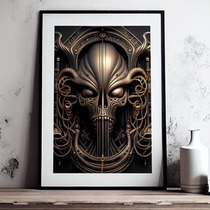 Xenomorph in HR Giger Style Home decor, Alien Robot Poster Print or Canvas Wrapped, Digital AI Generated Artwork Wall Art