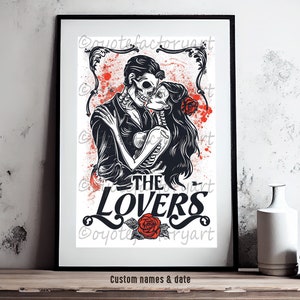 Romantic Skeleton Couple Wedding and Engagement Gift, Bride and Groom Poster Print or Canvas, Dark Gothic Love Art, The Lovers Illustration