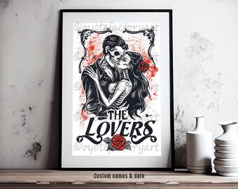 Romantic Skeleton Couple Wedding and Engagement Gift, Bride and Groom Poster Print or Canvas, Dark Gothic Love Art, The Lovers Illustration