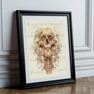 Anatomical Zombie Skull Illustration Poster Print or Canvas, Macabre Gothic Home Decor, Dark Wall Art, Skeleton Artwork, Horror Aesthetic