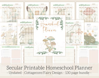 May include: A collection of printable homeschool planner pages with a cottagecore design. The pages feature monthly calendars, weekly planning sections, and decorative illustrations of mushrooms, flowers, and animals. The text reads "Homeschool Planner" and "Secular Printable Homeschool Planner".