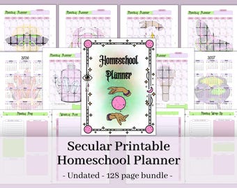 May include: A secular printable homeschool planner bundle featuring 128 pages with undated monthly calendars, weekly plans, and wrap-up sheets. The cover displays the text Homeschool Planner with illustrations of hands, a crystal ball, and moons.