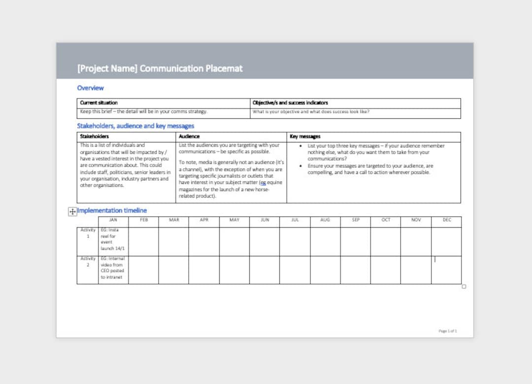 Communication Plan on a Page / Communication Placemat for Your Strategy