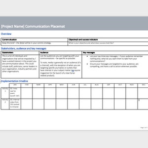 May include: A communication placemat template with a table outlining stakeholders, audience, key messages, and an implementation timeline. The table includes columns for January through December.
