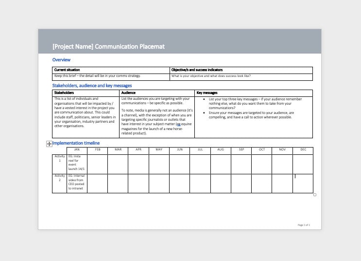 Communication Plan on a Page / Communication Placemat for Your Strategy