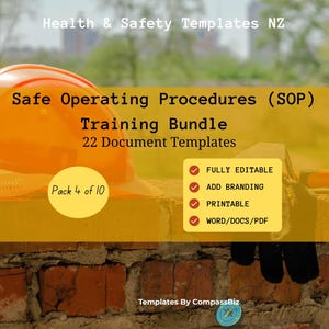 Könnte beinhalten: Ein orangefarbener Schutzhelm und eine Schutzbrille liegen auf einem Ziegelvorsprung. Das Bild enthält Text: "Safe Operating Procedures (SOP) Training Bundle" mit 22 Dokumentvorlagen. Der Text lautet auch "Pack 4 of 10".