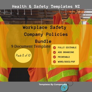 Paquete de políticas de la empresa 8 / Documentos de salud y seguridad / 9 plantillas editables (PDF/Word) / Pequeñas empresas de Nueva Zelanda