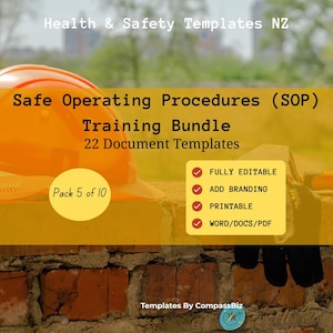 Könnte beinhalten: Ein orangefarbener Schutzhelm liegt auf einer Ziegeloberfläche. Text: "Safe Operating Procedures (SOP) Training Bundle, 22 Document Templates." Das Paket ist voll editierbar, druckbar und bietet Branding-Optionen.