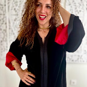 Black Velvet Caftan Dress with Red Silk Lining - Handmade Moroccan caftan - Luxury Evening Gown - Made in Casablanca