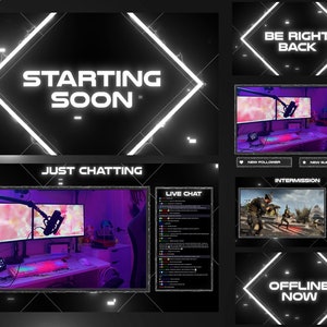 Sobreposições Twitch animadas em preto e branco, pacote de sobreposição de fluxo de tema escuro, telas e layout minimalistas do Twitch, sobreposição animada do Twitch