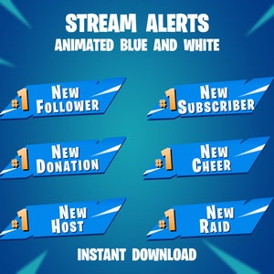 Animated Stream Alerts Blue & White, Blue Animated Twitch Alerts, Minimalistic Stream Alerts, Simple Twitch Alerts