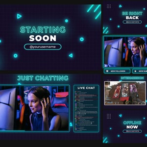 Neon Animierte Twitch Overlays, Schwarz und Cyan leuchtende Stream Overlays, Einfache Twitch Overlay, Animierte Twitch Minimalist Overlays