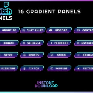 16 Twitch Panels Pack - Pink Blue Neon Panels | Clean Gradient Panels - Instant Download / Ready to Use