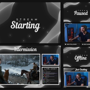 Black and White Animated Twitch Overlays, Clean Aesthetic Stream Overlay Package, Minimalistic Twitch Screens and Layout, Dark Theme Twitch