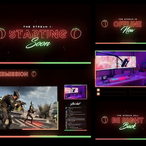 Peach Neon Twitch Overlays, Clean Minimalistic Stream Overlay Package, Simple Twitch Screens and Layout, Cute, Peaches, Neon