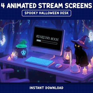 Spooky Desk Halloween Twitch Overlays, Animated Witch Desk Twitch Screens, Mystic Stream Screens, Black Cat, Ghost, Halloween, Vtuber