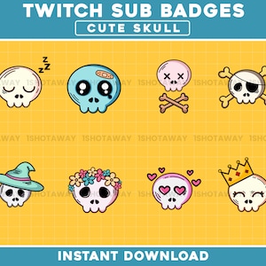 Cute Skull Sub/Bit Badges/Emotes, Skull Twitch Badges, Colorful Skull Stream Badges, Kawaii Skull Emotes, Halloween Skull Badges