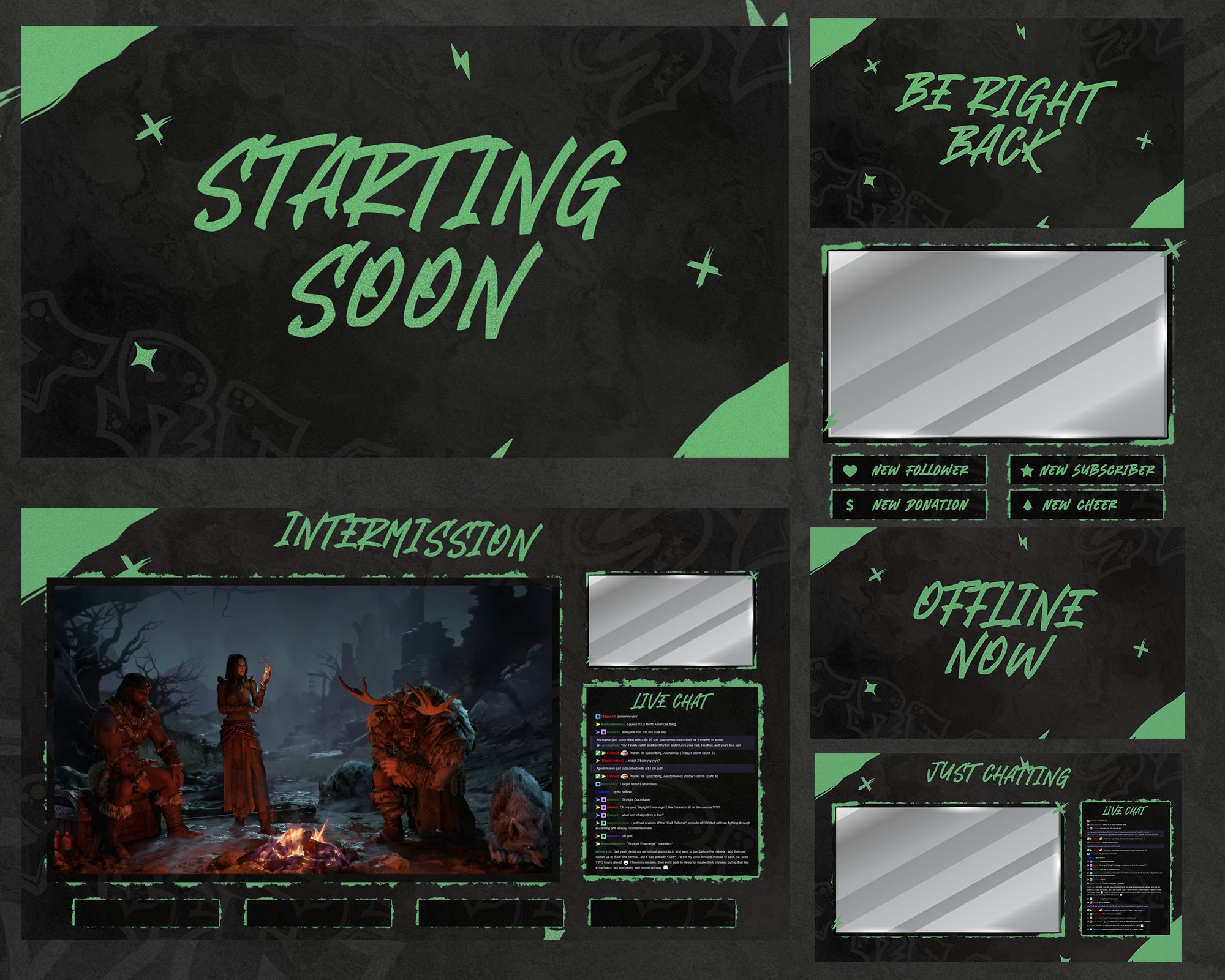 Green and Black Animated Twitch Overlay, Simple Stream Overlay Twitch, Graffiti Theme Overlays, Animated Webcam Overlay, Twitch Screens