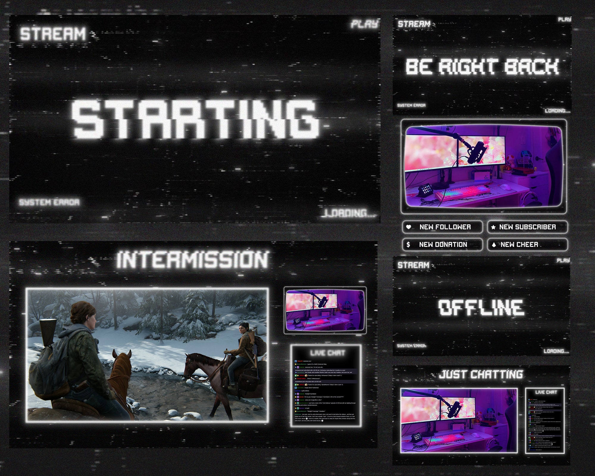 Retro Black Animated Twitch Overlay, Minimalistic Stream Overlay Pack ...