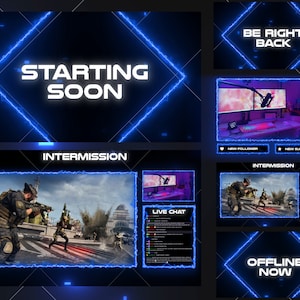 Neon Blau Animierte Overlays Glowing Theme Tracking Pack / Twitch Pack, Cyperpunk Theme Overlays, Minimal Twitch Overlay